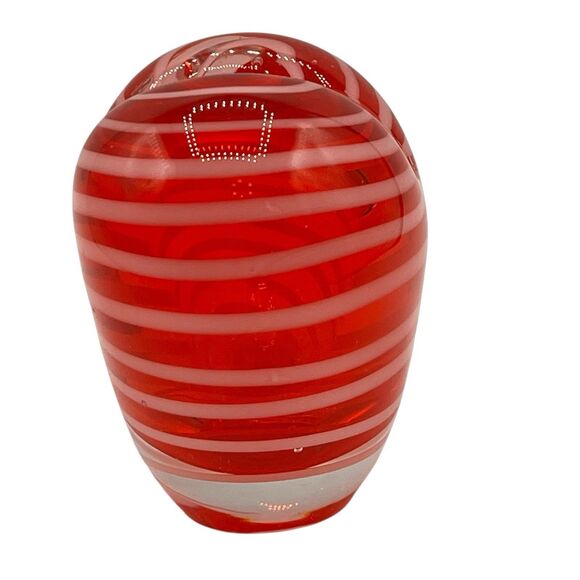 Art Glass Heart Shaped Bud Vase Paperweight Red with White Swirls Hand Blown - Picture 5 of 7